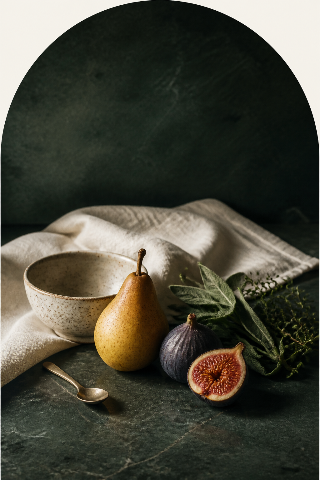 A pear, figs, herbs, ceramic bowl, and linen arranged as an editorial nutrition still life.